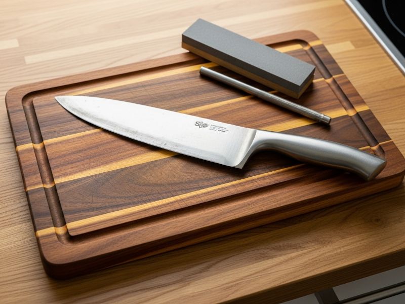 Acacia cutting board with cracks and dull kitchen knife