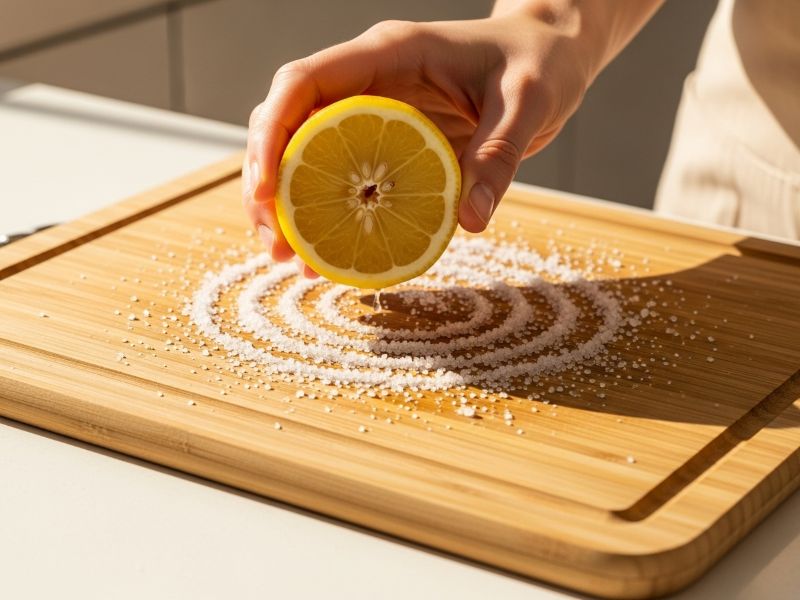 Sanitizing bamboo cutting board with lemon and salt