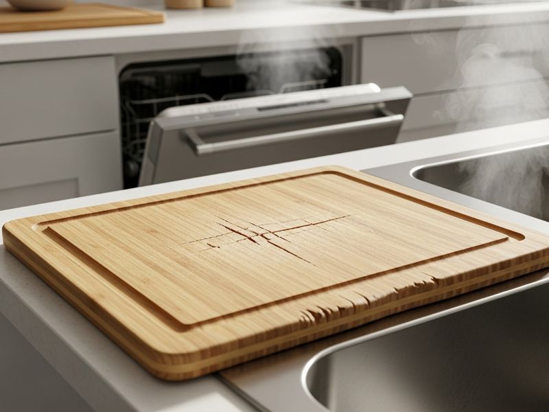 Damaged bamboo cutting board from dishwasher