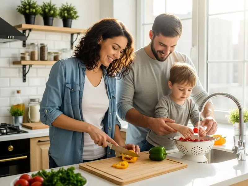 Eco-friendly family with bamboo cutting board