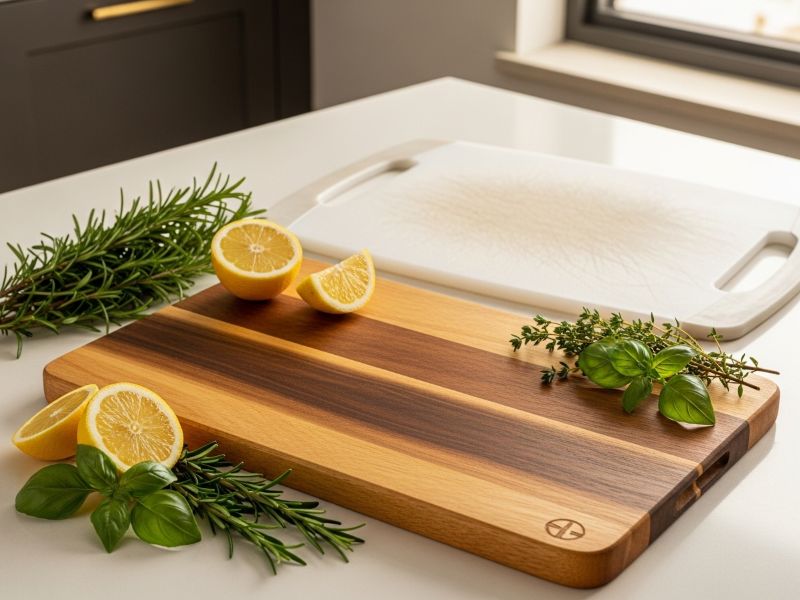 Acacia cutting board with rich wood grain