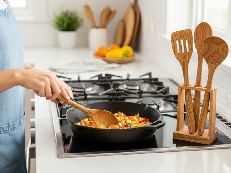 Home cook using teak cooking spoon