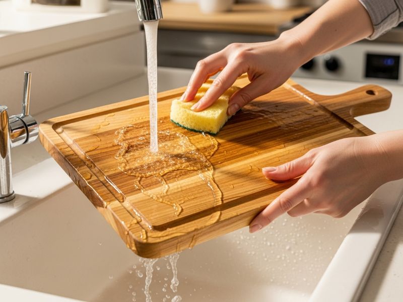 Rinsing teak cutting board