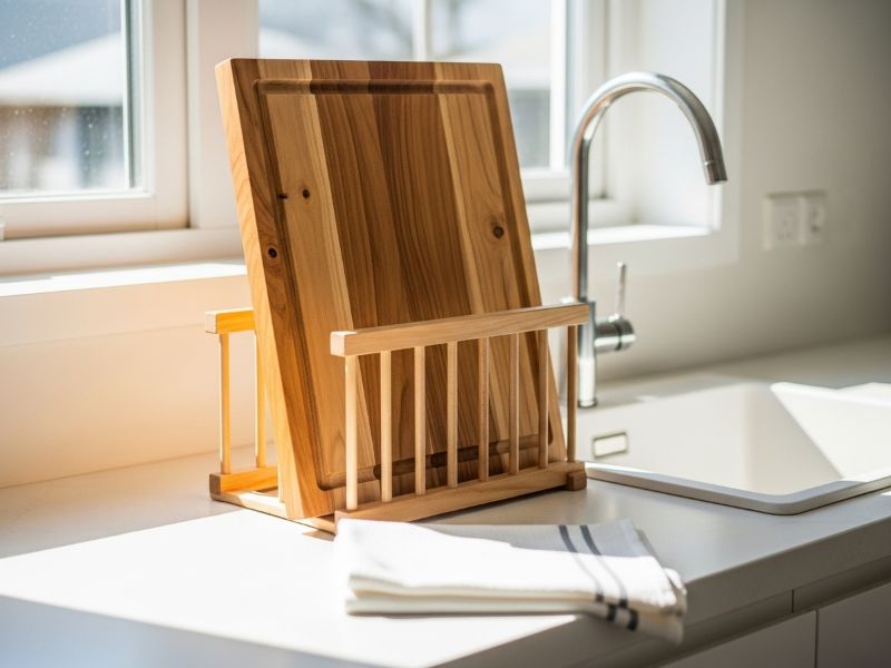 Drying teak cutting board upright