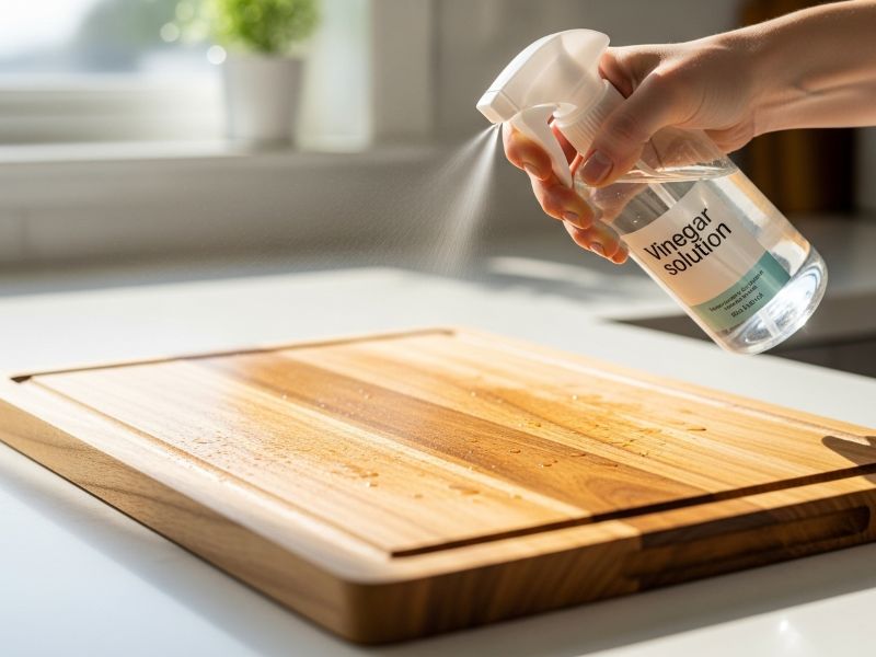 Spraying vinegar solution on teak board