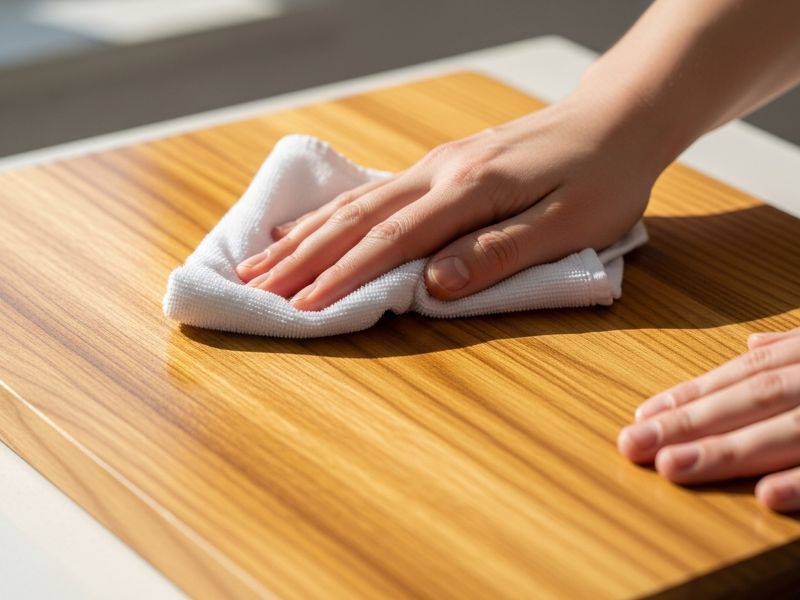 Wiping teak cutting board with cloth