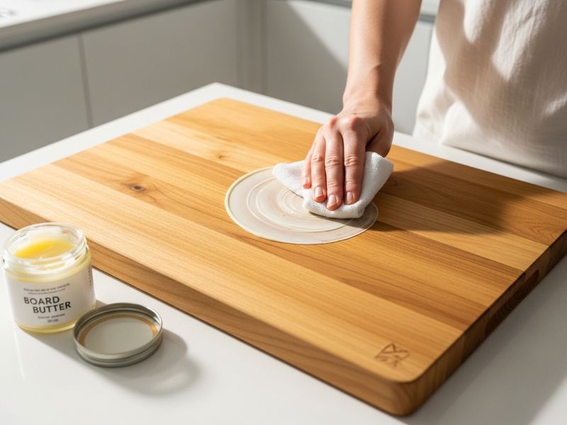 Applying board butter to teak cutting board