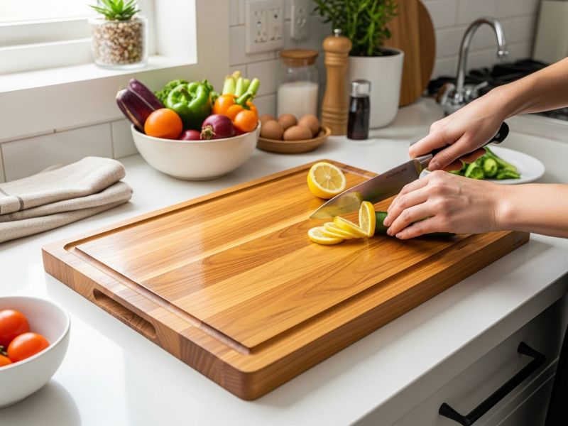 Premium teak cutting board in kitchen
