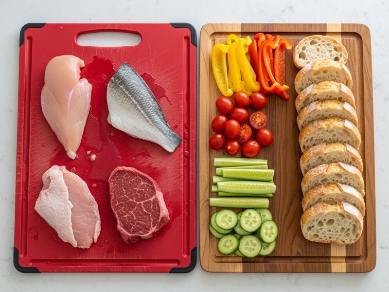 Wood and plastic cutting boards for different foods