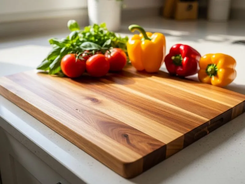 Durable acacia cutting board on kitchen counter