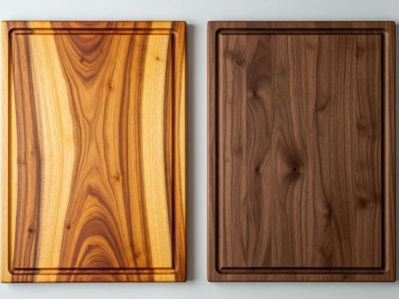 Acacia and walnut cutting boards side by side