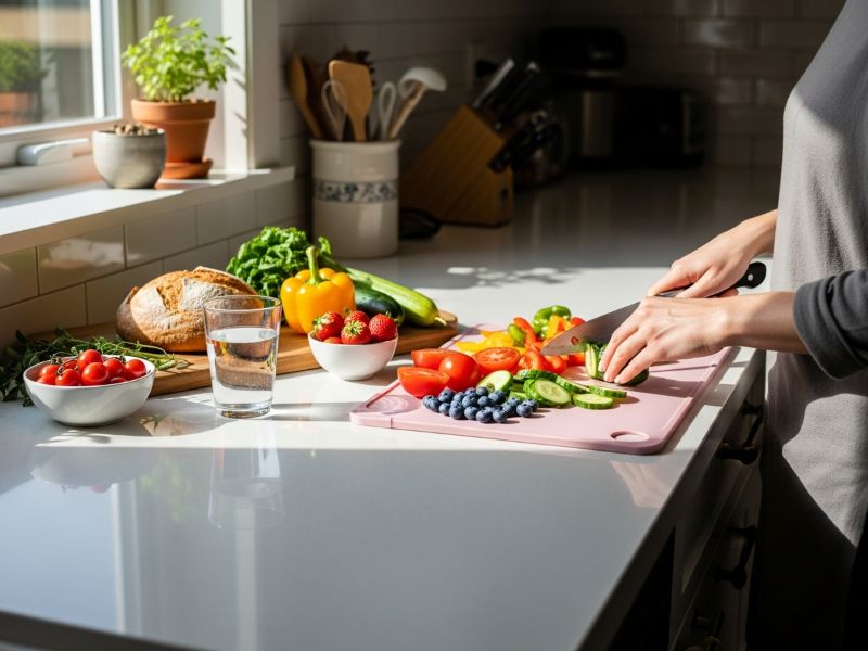 chopping vegetables on silicone board