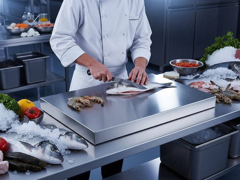 steel cutting board seafood prep