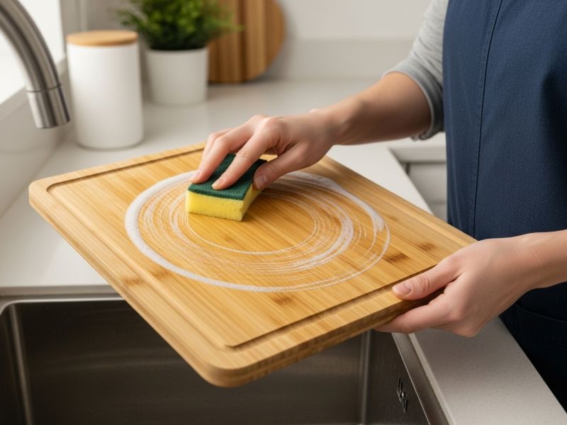 Scrubbing bamboo cutting board with soft sponge