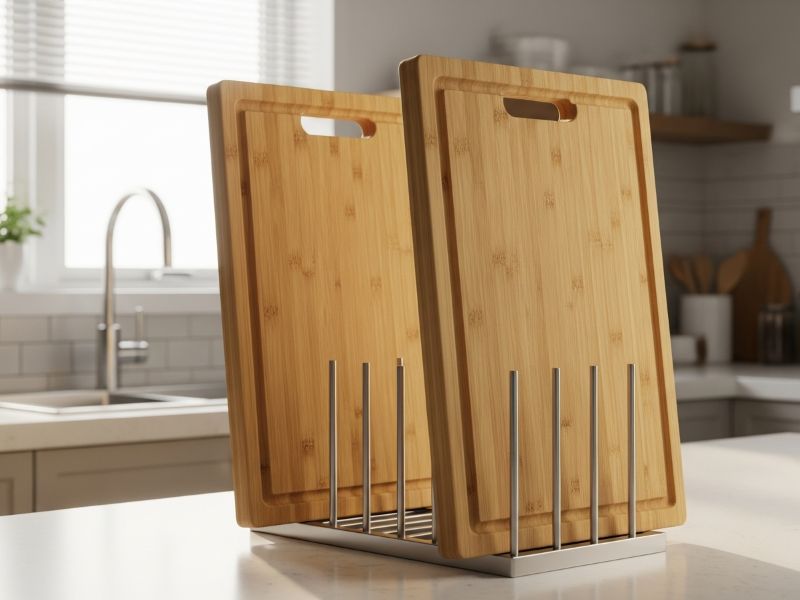 Bamboo cutting board drying upright
