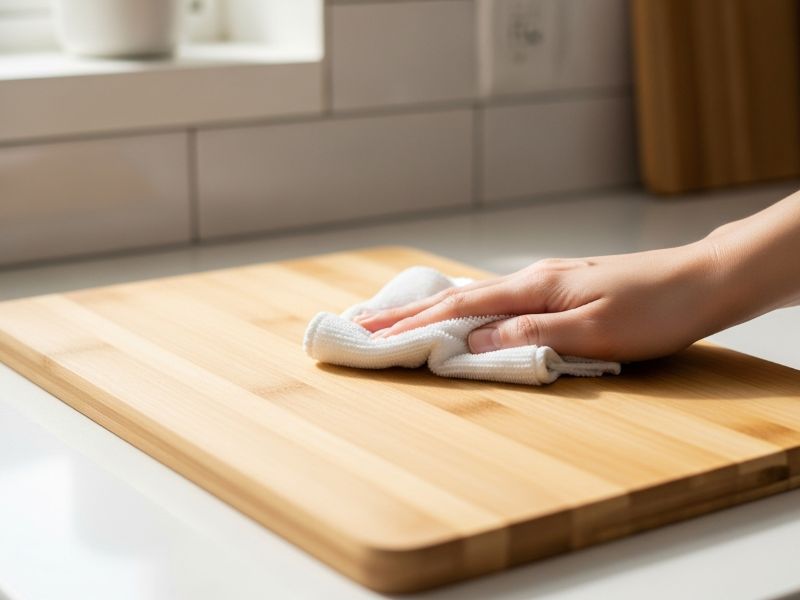 Drying bamboo cutting board with towel