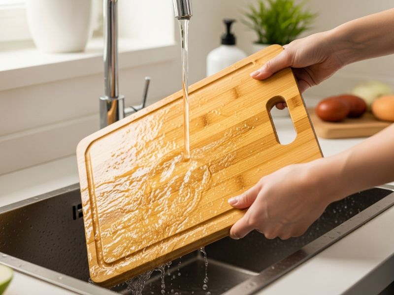 Rinsing bamboo cutting board