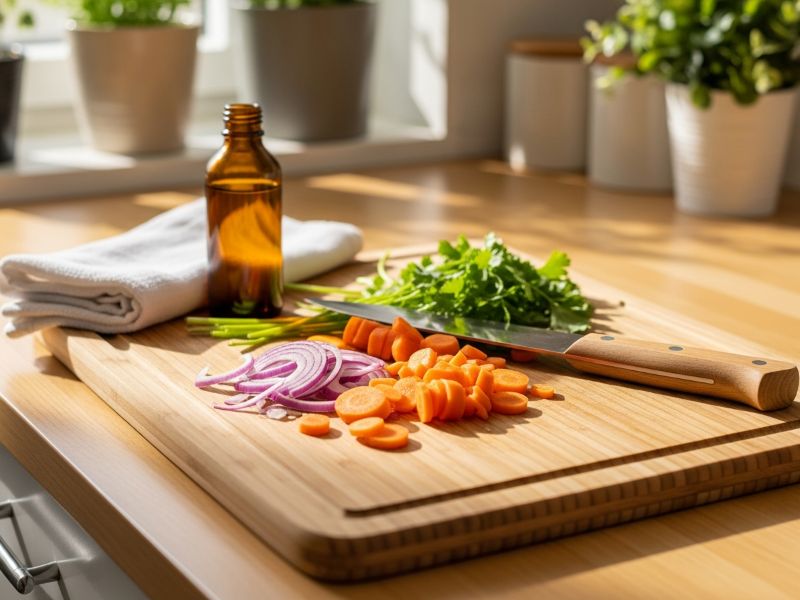 Bamboo cutting board with fresh vegetables