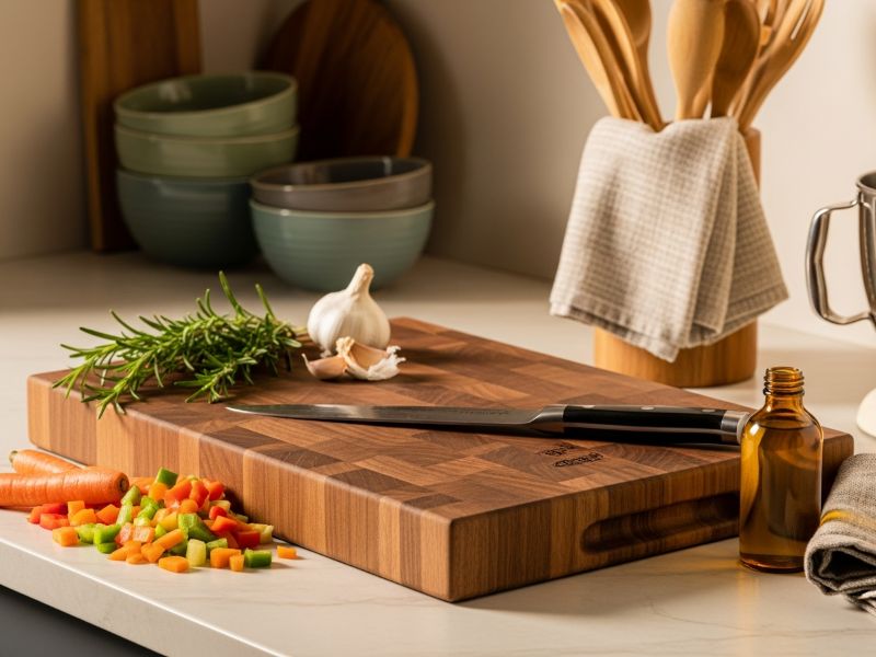 Wooden cutting board with knife and herbs