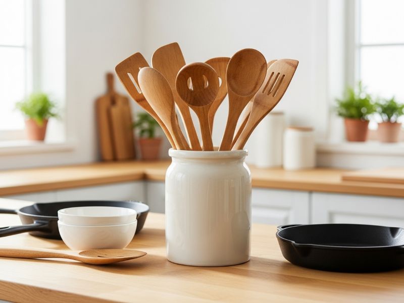 Wooden cooking utensils on kitchen counter