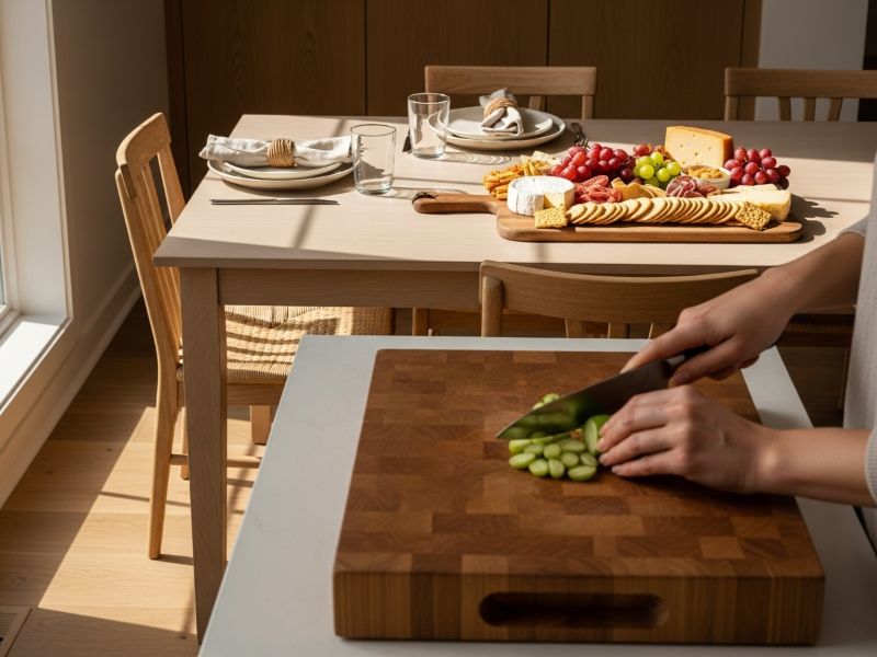 Cutting and serving boards in kitchen
