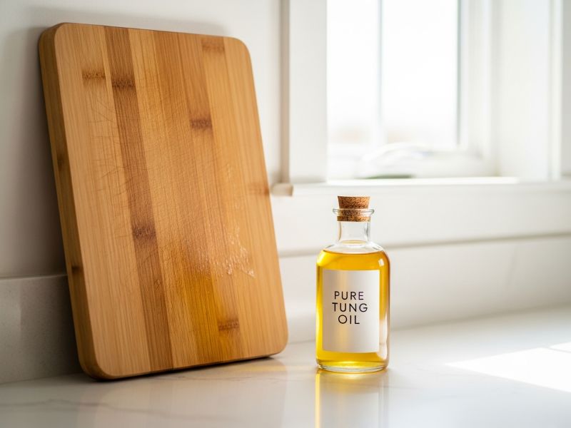 Pure tung oil bottle on counter