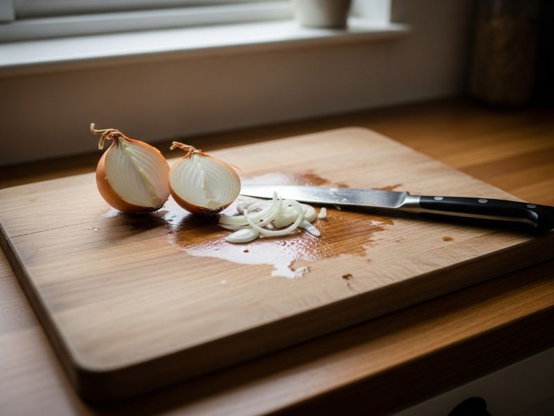 wooden cutting board with sliced onions