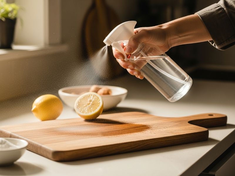 spraying vinegar on cutting board