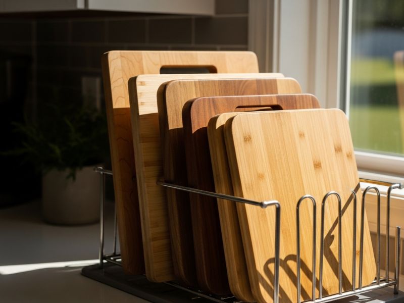 wooden cutting boards drying upright