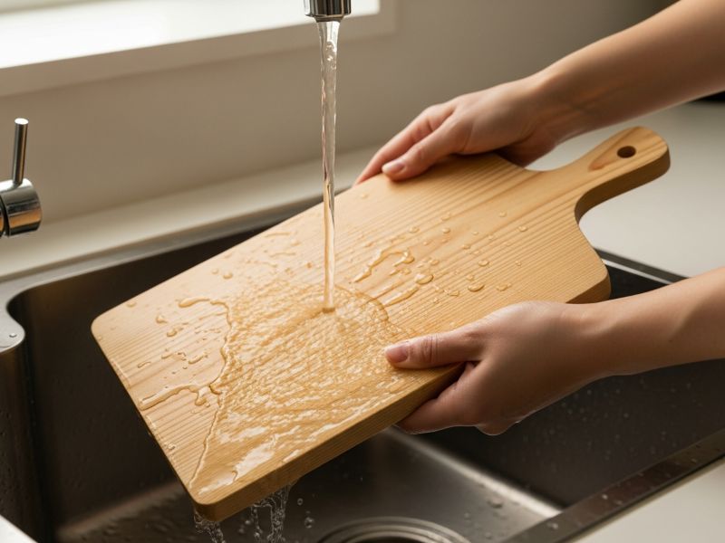 Rinsing hinoki cutting board
