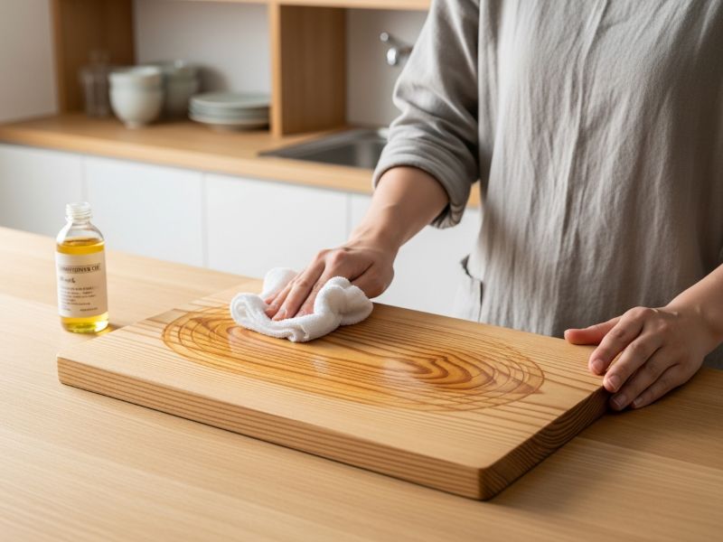 Hand rubbing oil on hinoki board