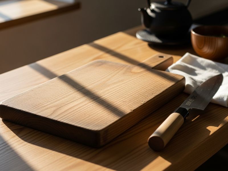 Aged hinoki cutting board in warm light