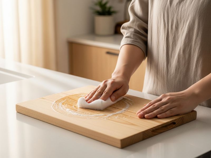Cleaning hinoki cutting board with sponge