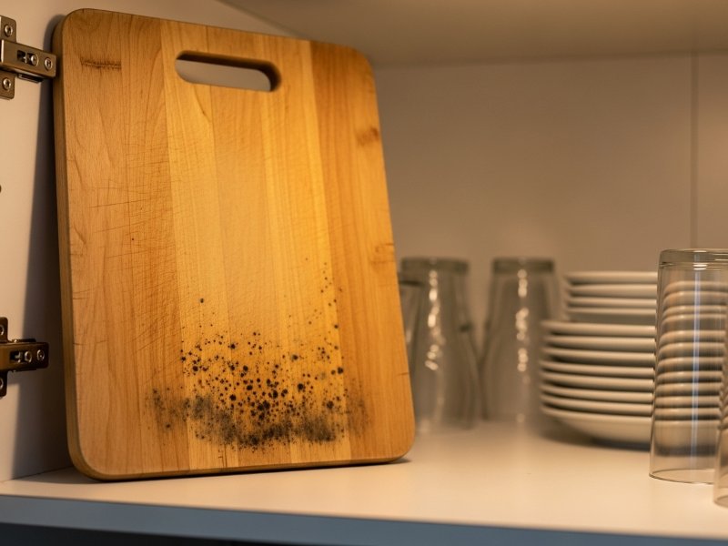 Wooden cutting boards stored inside a closed cabinet with high humidity