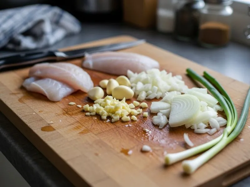 Raw fish and garlic causing odors on wooden cutting board