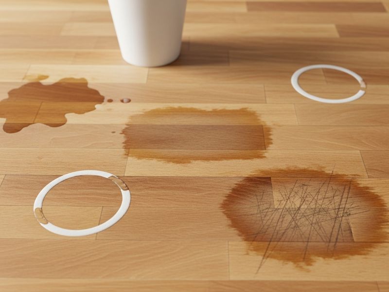 Warning signs on butcher block surface