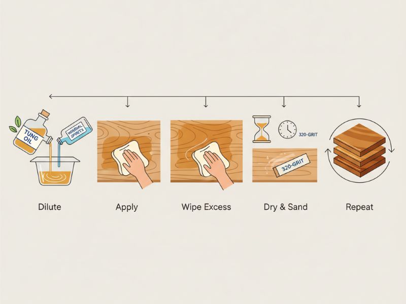 Tung oil applied on butcher block workflow
