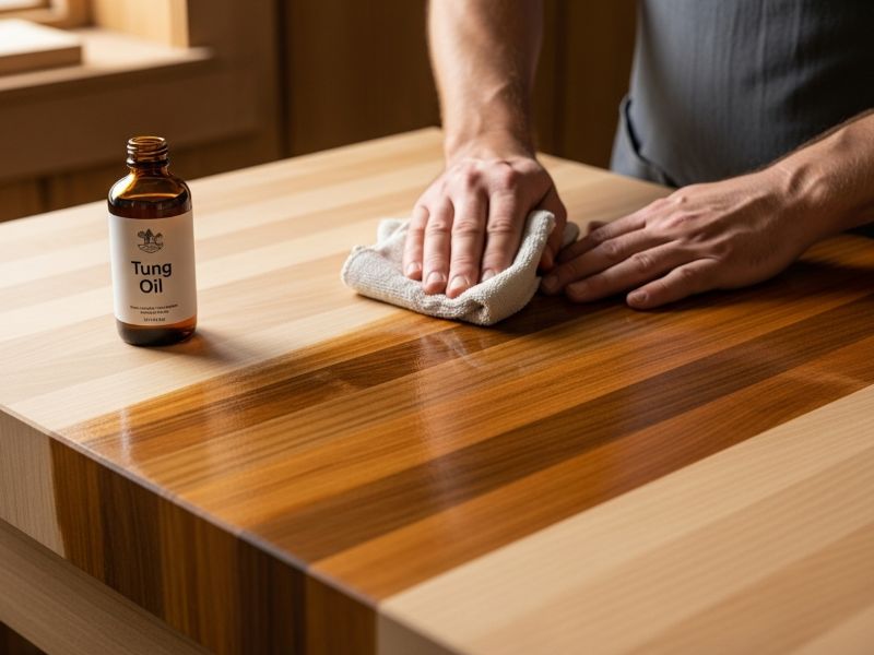 Tung oil bottle on wood