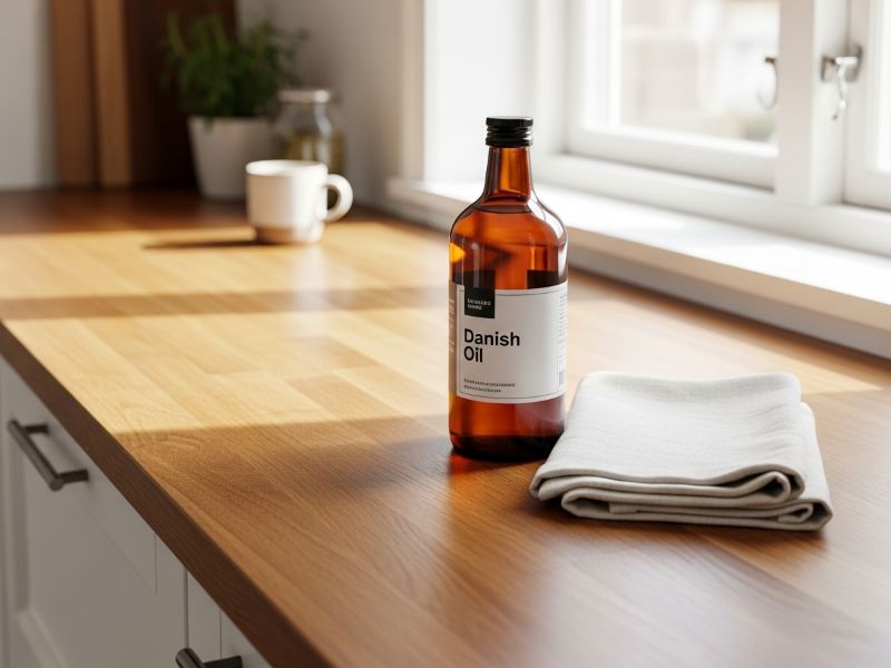 Danish oil bottle on wood