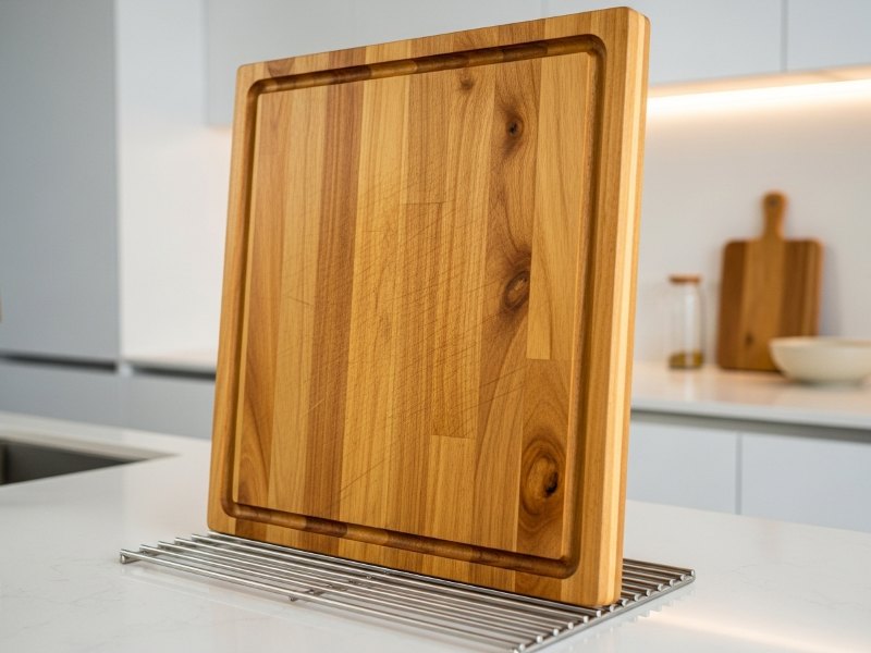 Wooden cutting board drying upright after oil application