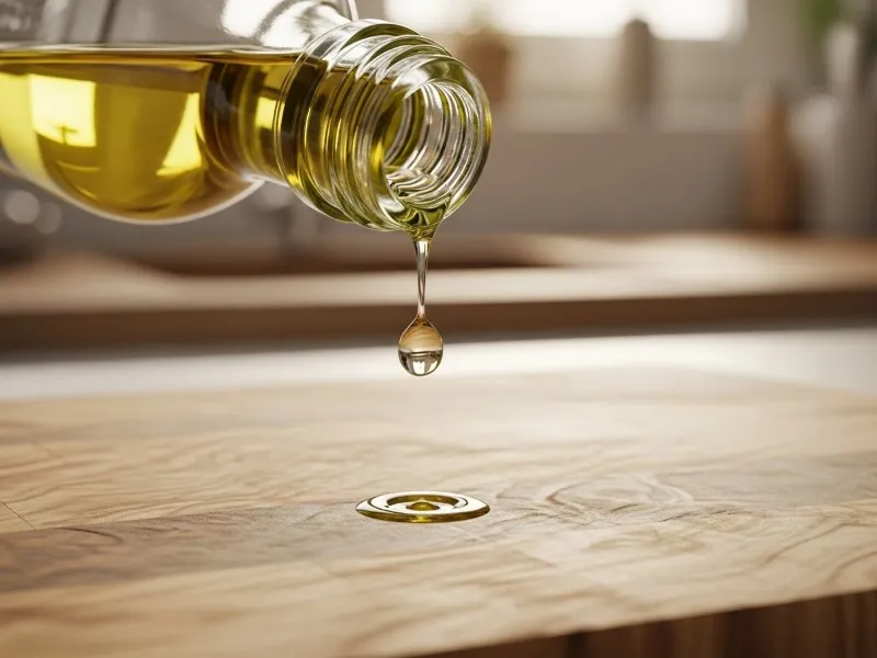 Pouring mineral oil on wooden cutting board