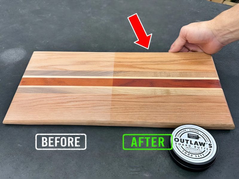 Before and after applying board butter on a wooden cutting board