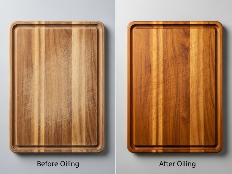 Wooden cutting board before and after oiling