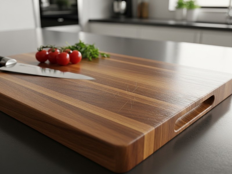 Well-oiled wooden cutting board with enhanced grain and subtle sheen