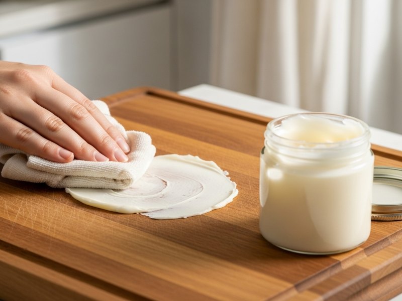 Applying board butter on a wooden cutting board