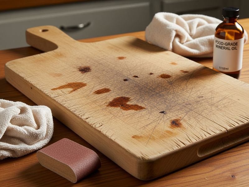 cracked unsealed wooden cutting board