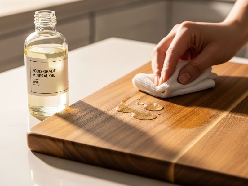applying mineral oil to cutting board