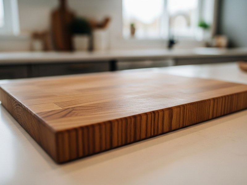 well-sealed wooden cutting board on counter