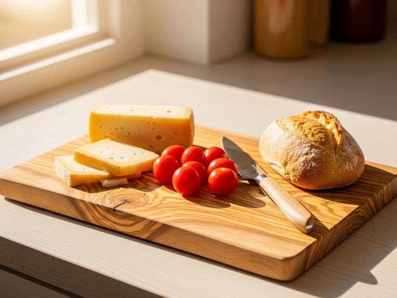 Olive wood board with cheese and tomatoes