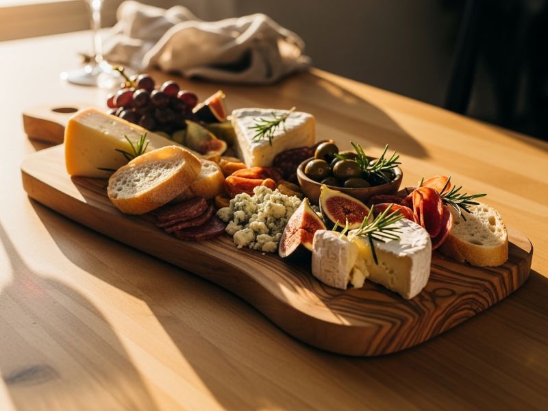 Olive wood serving board with cheese and fruit